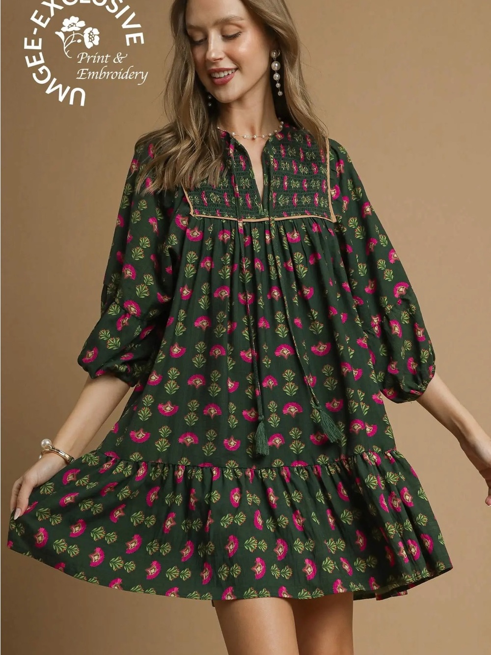 Umgee Dark Green Mini Dress with Pink & Green Floral Print
